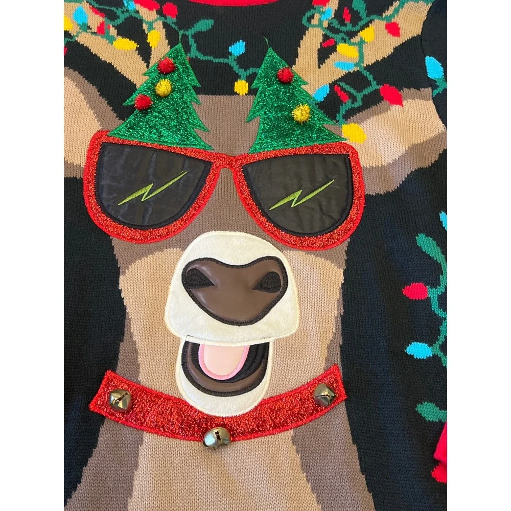 Holiday Time Mens 3XL Ugly Christmas Sweater Reindeer Sunglasses Jingle Bells 3D